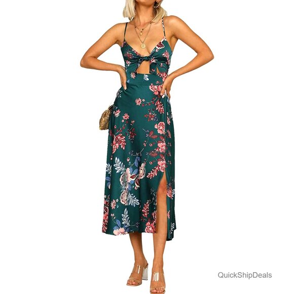 Spaghetti Strap Satin Midi Dress with Tie Front Backless Split Floral